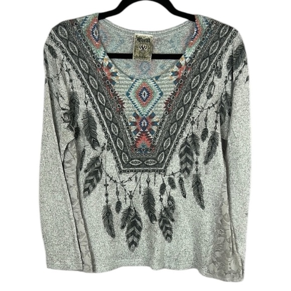 Vocal Tops - Vocal Aztec Southwestern Lace Long Sleeve Top Medium Grey